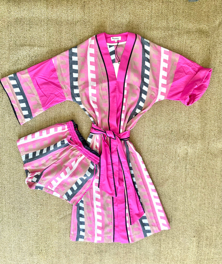 Set kimono + short rosa y negro