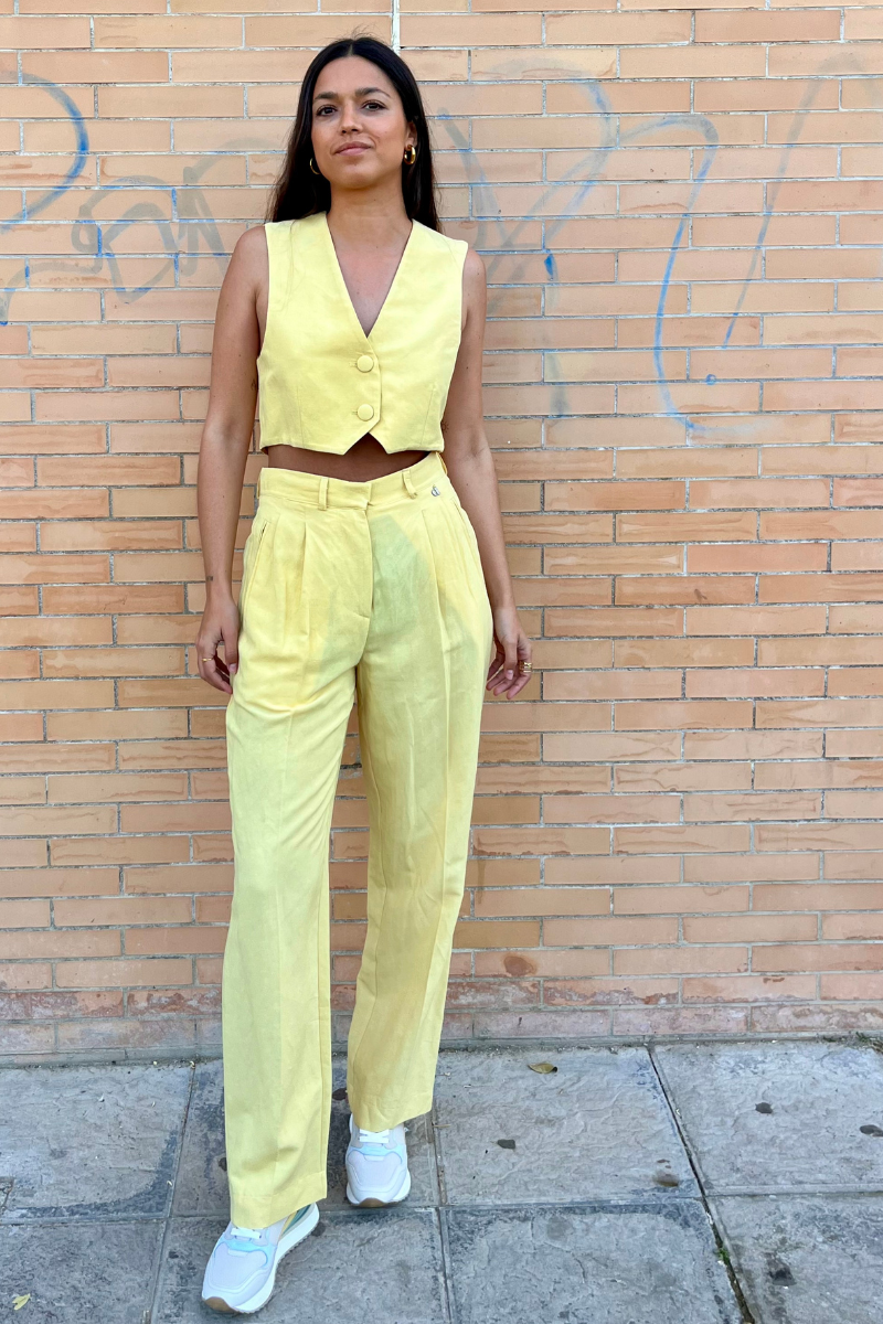 Pantalón lino talle alto amarillo